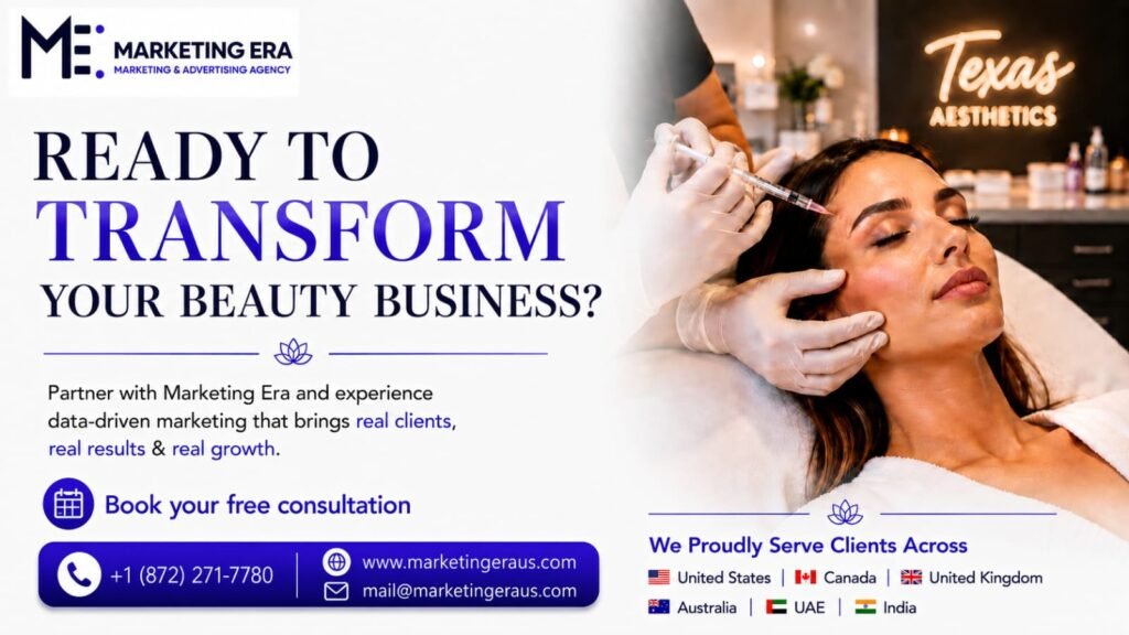 Marketing Era ad for beauty and aesthetics businesses with a woman receiving a facial and a free consultation offer