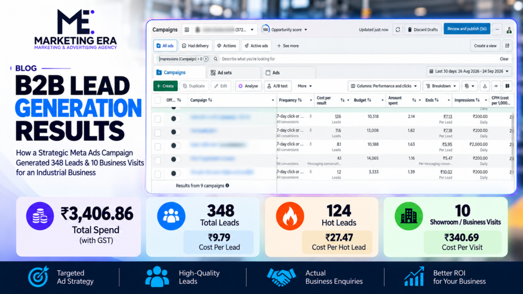 Meta Ads B2B lead generation case study: 348 leads, 124 hot leads and 10 showroom visits from ₹3,406.86 total spend