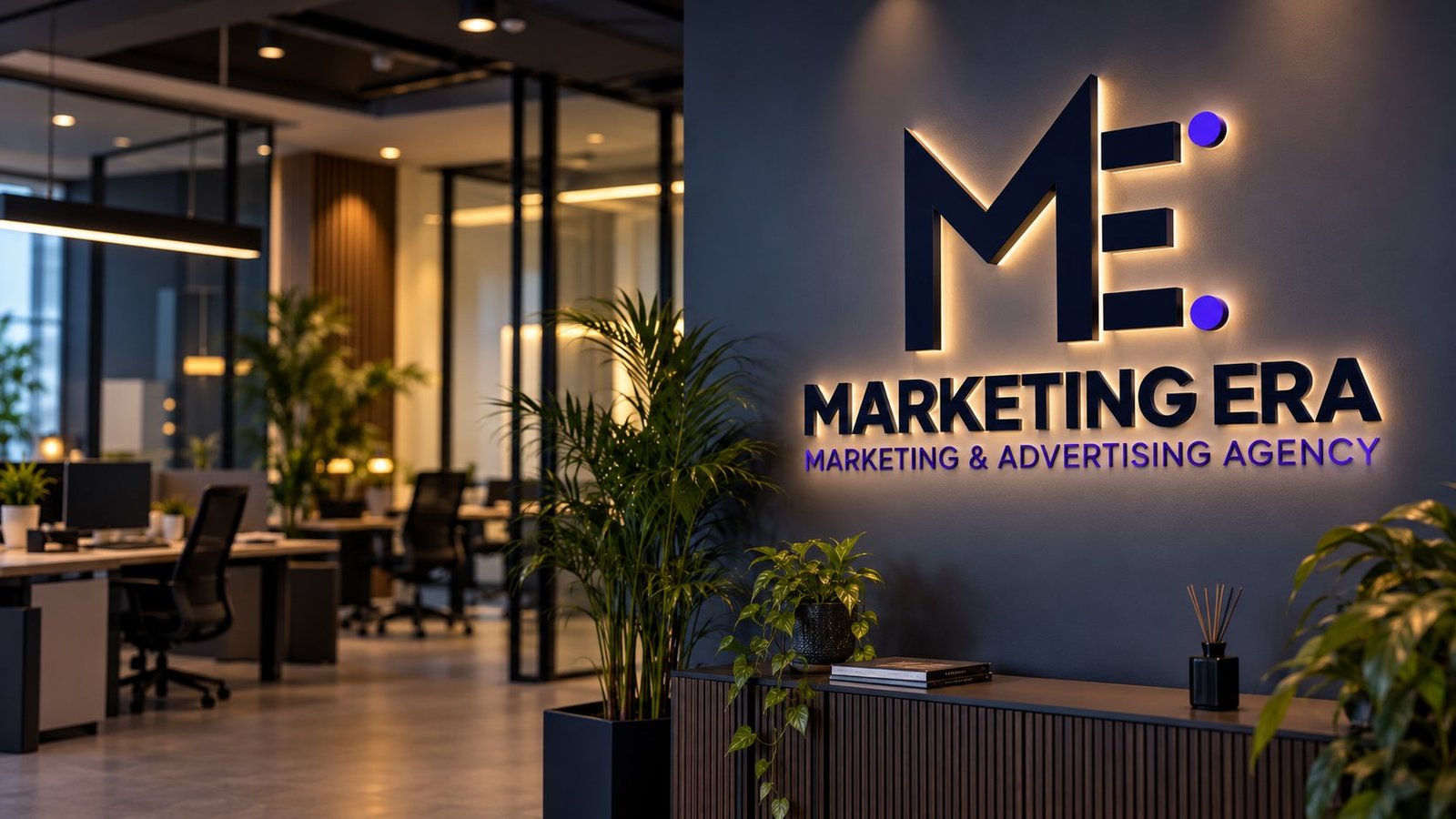 Marketing Era office with illuminated logo wall